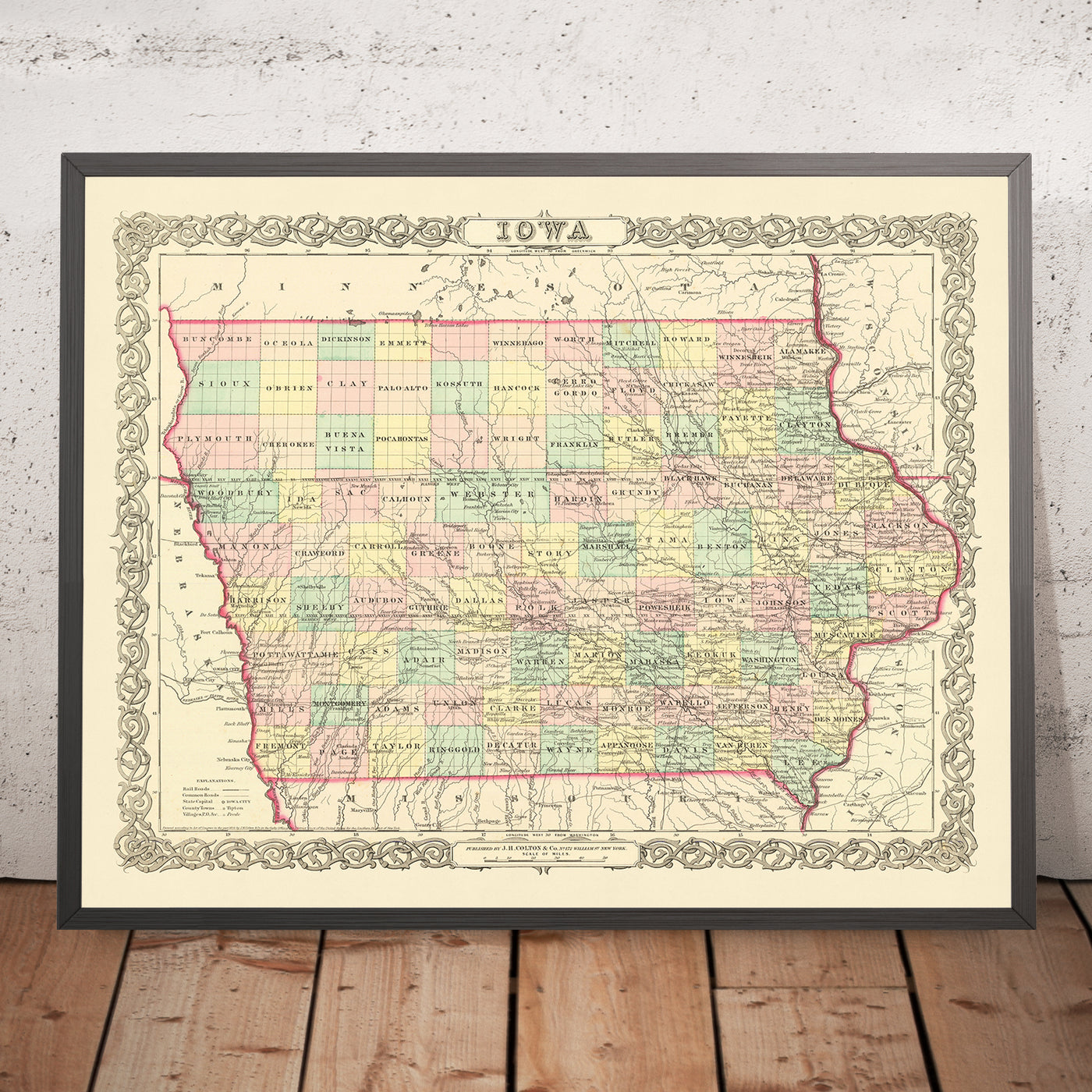 Alte Karte von Iowa von J. H. Colton, 1856: Des Moines, Iowa City, Dubuque, Davenport, Burlington 