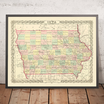 Alte Karte von Iowa von J. H. Colton, 1856: Des Moines, Iowa City, Dubuque, Davenport, Burlington 