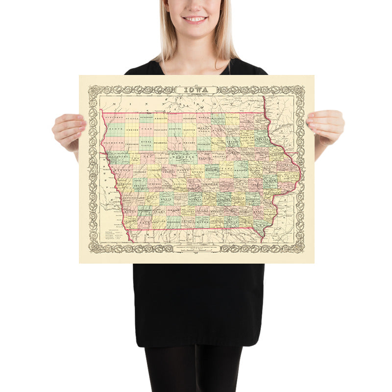 Alte Karte von Iowa von J. H. Colton, 1856: Des Moines, Iowa City, Dubuque, Davenport, Burlington 