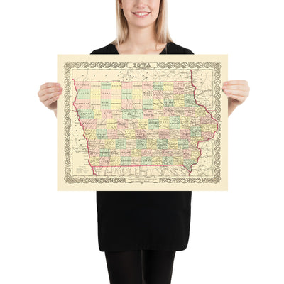 Alte Karte von Iowa von J. H. Colton, 1856: Des Moines, Iowa City, Dubuque, Davenport, Burlington 