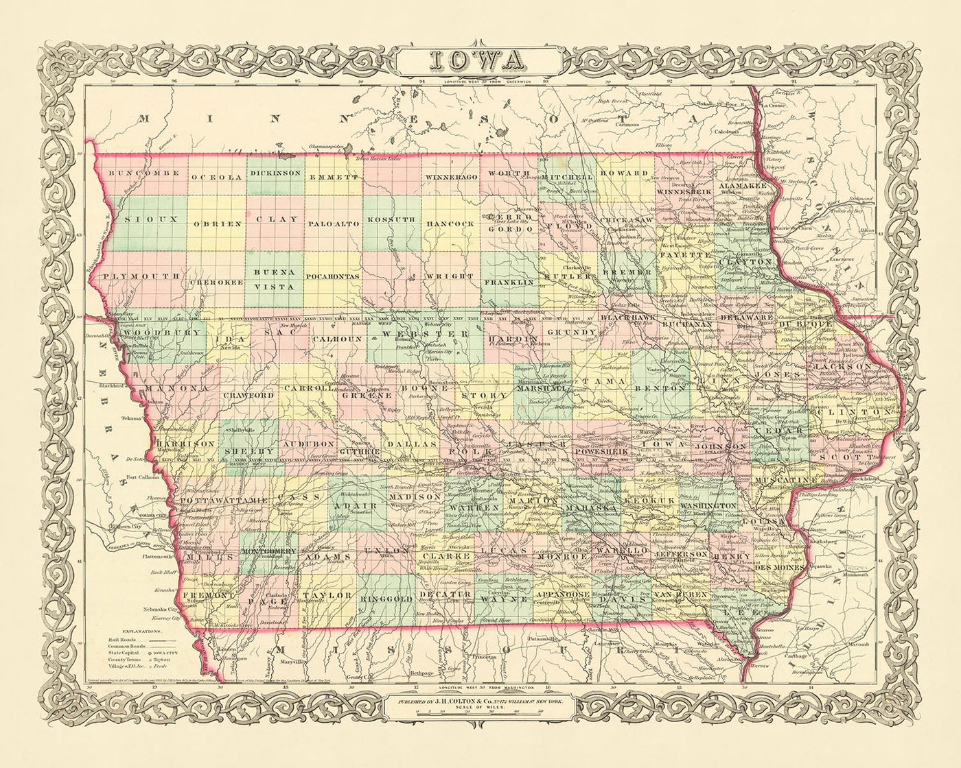 Alte Karte von Iowa von J. H. Colton, 1856: Des Moines, Iowa City, Dubuque, Davenport, Burlington 