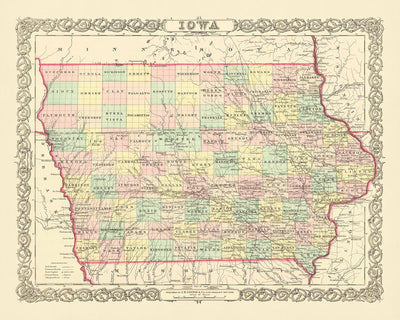 Alte Karte von Iowa von J. H. Colton, 1856: Des Moines, Iowa City, Dubuque, Davenport, Burlington 