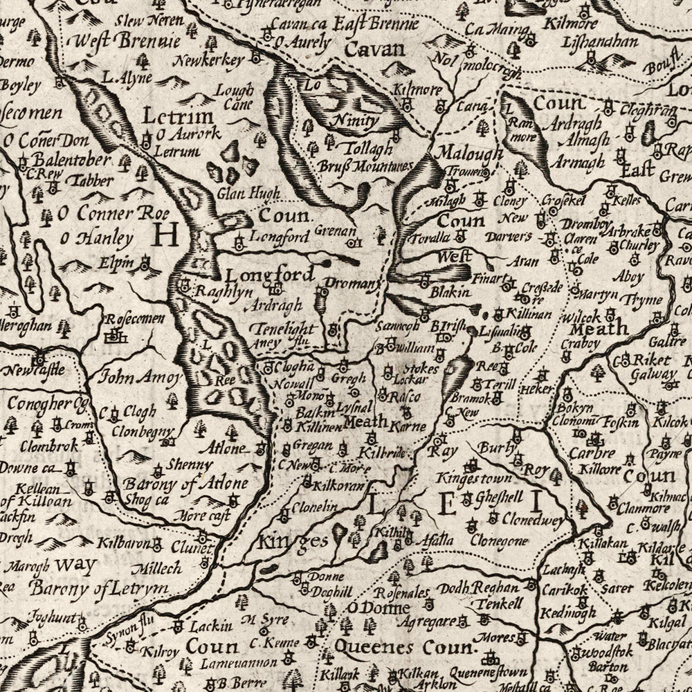 Viejo mapa de Irlanda, Éireann 1611 de John Speed ​​- Mapa antiguo antiguo monocromo