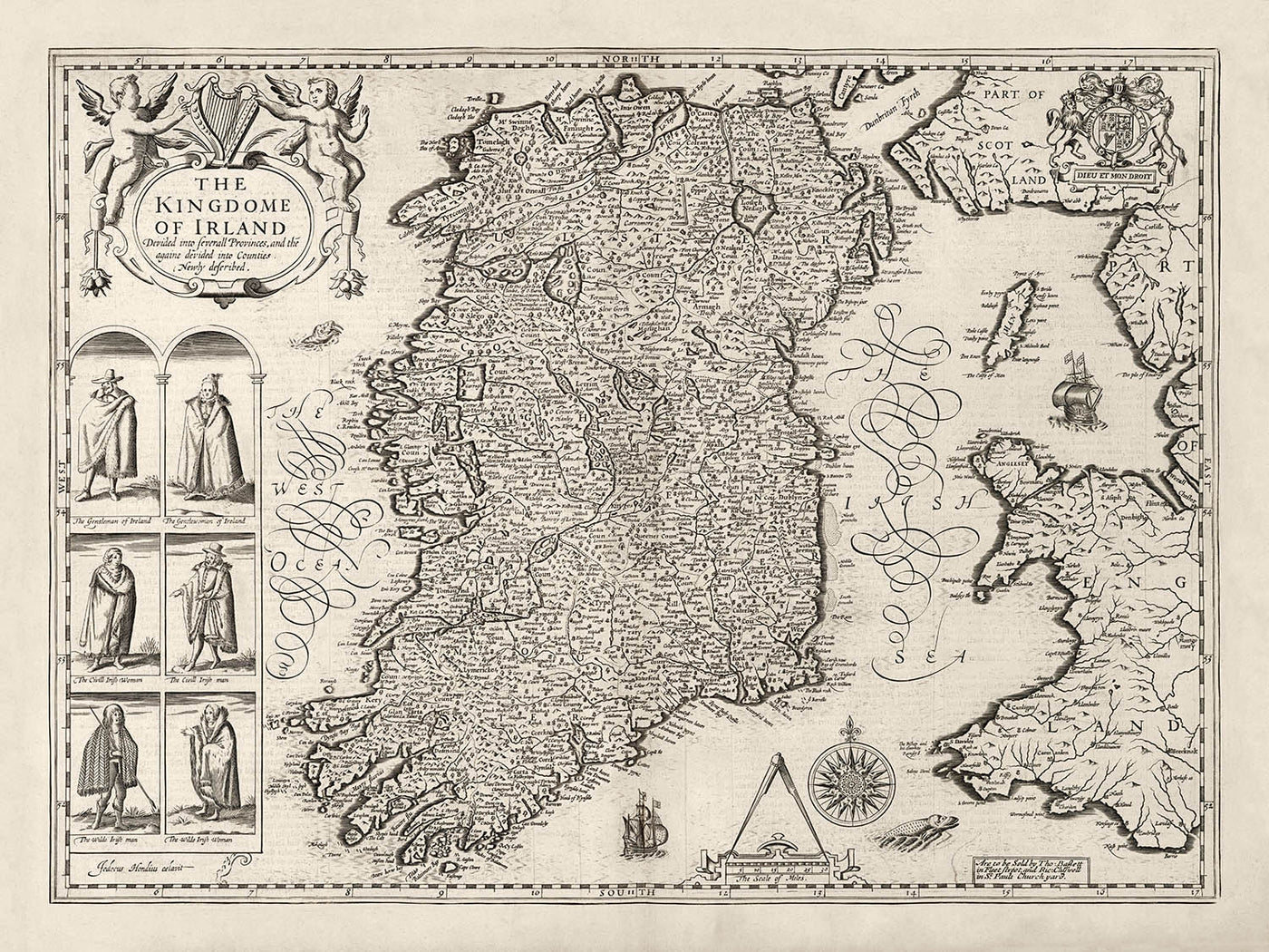 Viejo mapa de Irlanda, Éireann 1611 de John Speed ​​- Mapa antiguo antiguo monocromo
