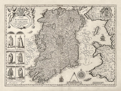 Viejo mapa de Irlanda, Éireann 1611 de John Speed ​​- Mapa antiguo antiguo monocromo