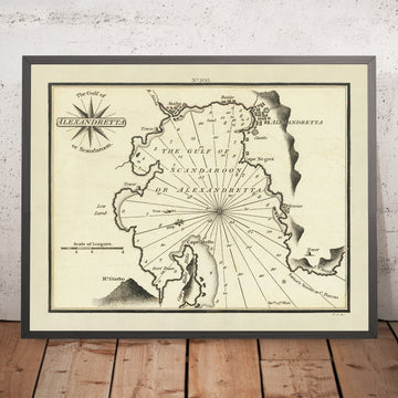 Antica carta nautica del Golfo di Alexandretta, Turchia di Heather, 1802: Iskenderun, Scandaroon, Antiochia, fiume Ceyhan 