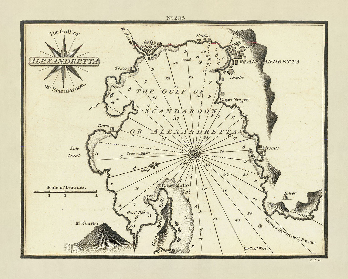 Ancien Golfe d'Alexandretta, Turquie, Carte Nautique par Heather, 1802 : Iskenderun, Scandaroon, Antioche, Rivière Ceyhan 