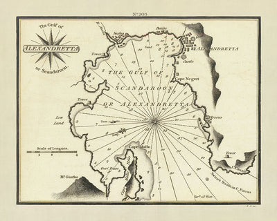 Ancien Golfe d'Alexandretta, Turquie, Carte Nautique par Heather, 1802 : Iskenderun, Scandaroon, Antioche, Rivière Ceyhan 