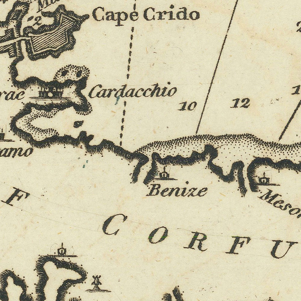 Old Island of Corfu Nautical Chart by Heather, 1802: Albania Coast, Fort St. Stephen, Port Cavagol, Venetian Influence