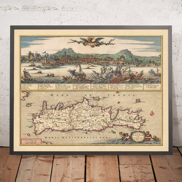 Ancienne carte de Crète par Visscher, 1690 : La Canée, Héraklion, Agios Nikolaos, Réthymnon, Montagnes Blanches