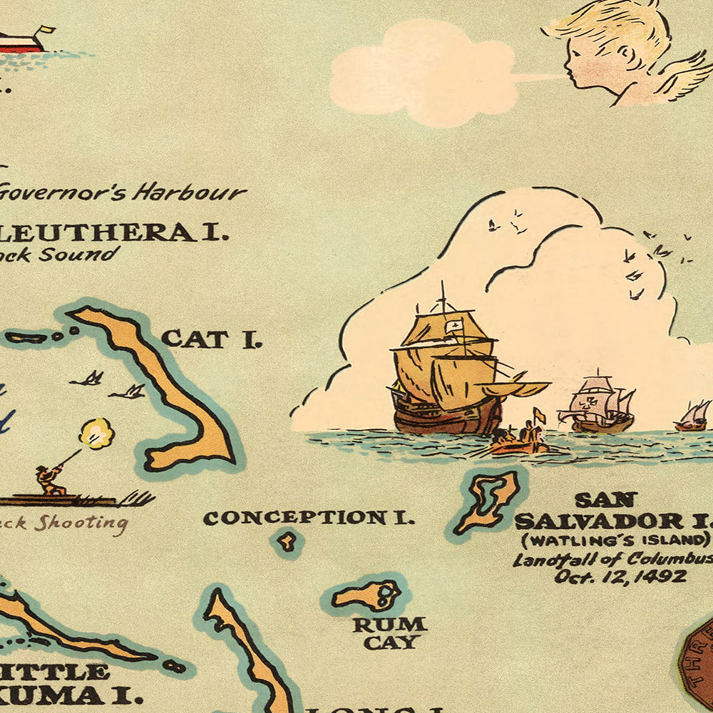 Mapa antiguo de las Bahamas, 1951: Mapa pictórico de Nassau, Nueva Providencia y la vida bahameña 