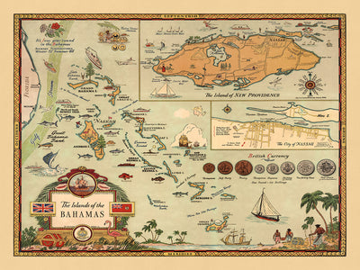 Mapa antiguo de las Bahamas, 1951: Mapa pictórico de Nassau, Nueva Providencia y la vida bahameña 