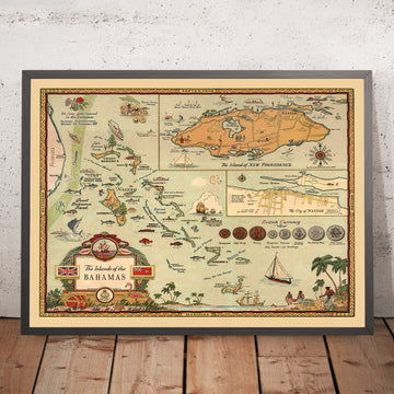 Ancienne carte des Bahamas, 1951 : carte picturale de Nassau, Nouvelle-Providence et de la vie bahamienne 