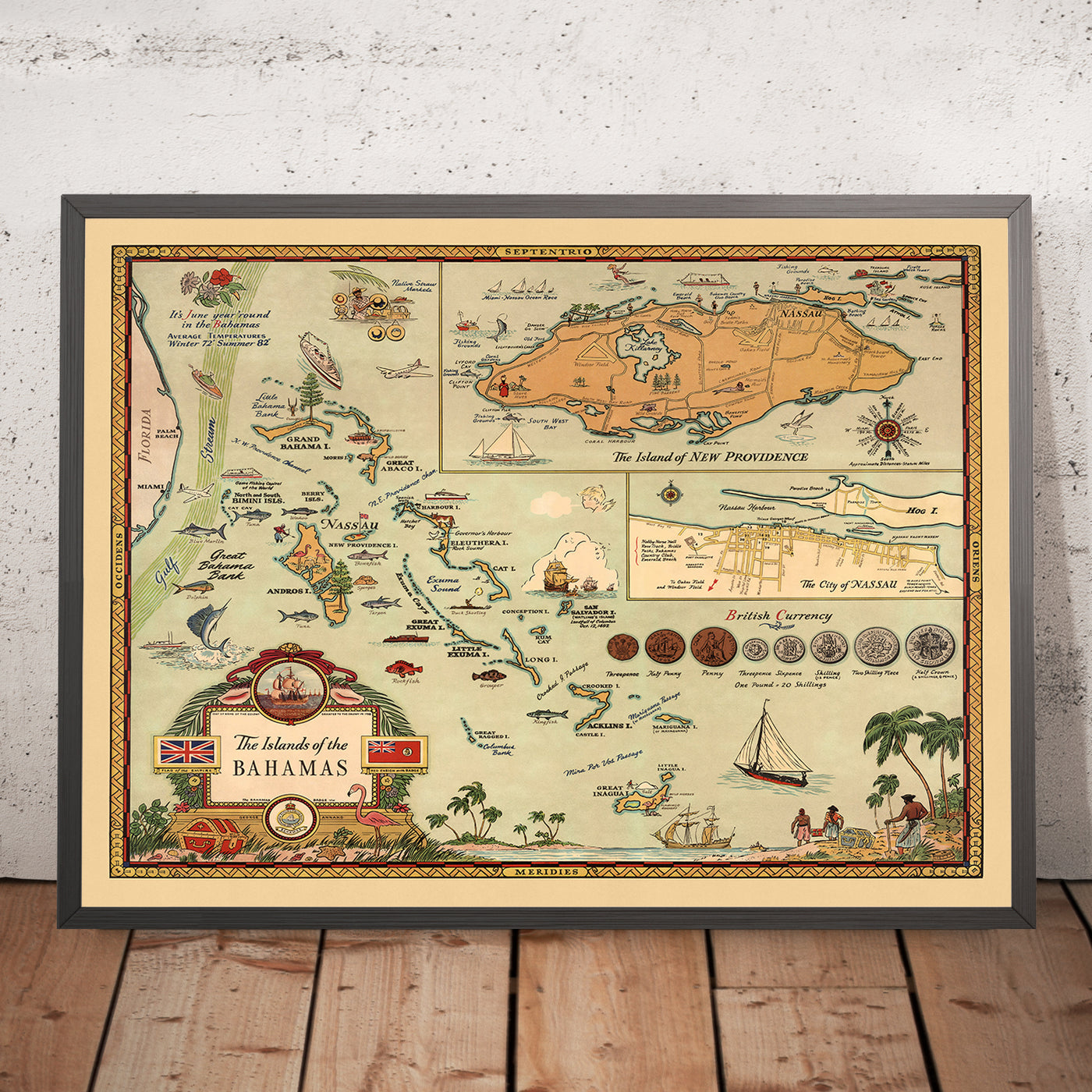 Mapa antiguo de las Bahamas, 1951: Mapa pictórico de Nassau, Nueva Providencia y la vida bahameña 