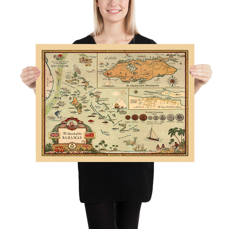 Mapa antiguo de las Bahamas, 1951: Mapa pictórico de Nassau, Nueva Providencia y la vida bahameña 