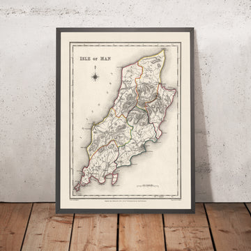 Antigua mapa de la Isla de Man por Samuel Lewis, 1844: Douglas, Ramsey, Peel, Castletown y Port Erin 