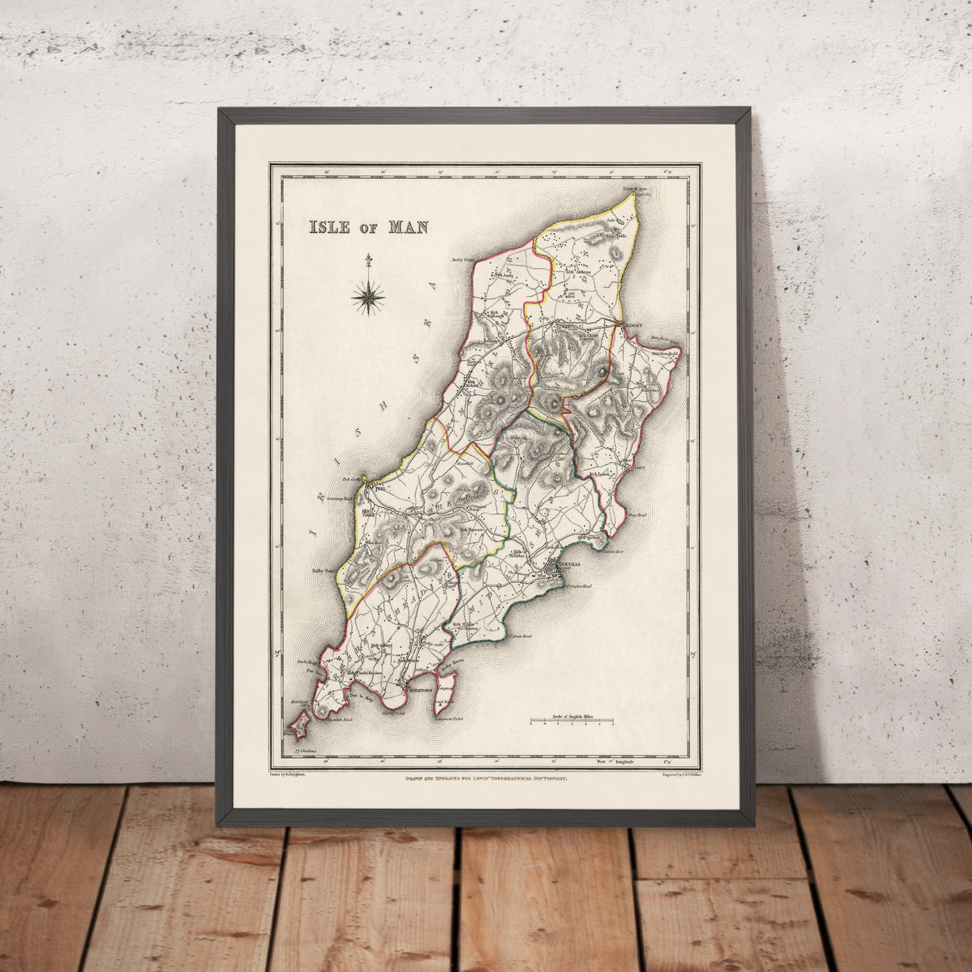 Alte Karte der Isle of Man von Samuel Lewis, 1844: Douglas, Ramsey, Peel, Castletown und Port Erin 