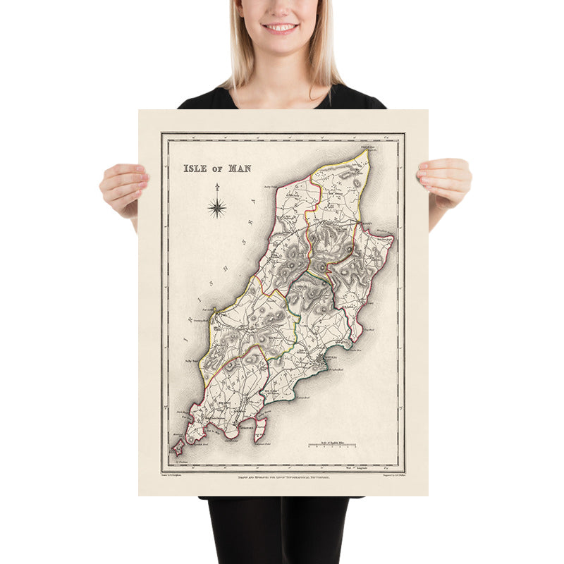 Alte Karte der Isle of Man von Samuel Lewis, 1844: Douglas, Ramsey, Peel, Castletown und Port Erin 