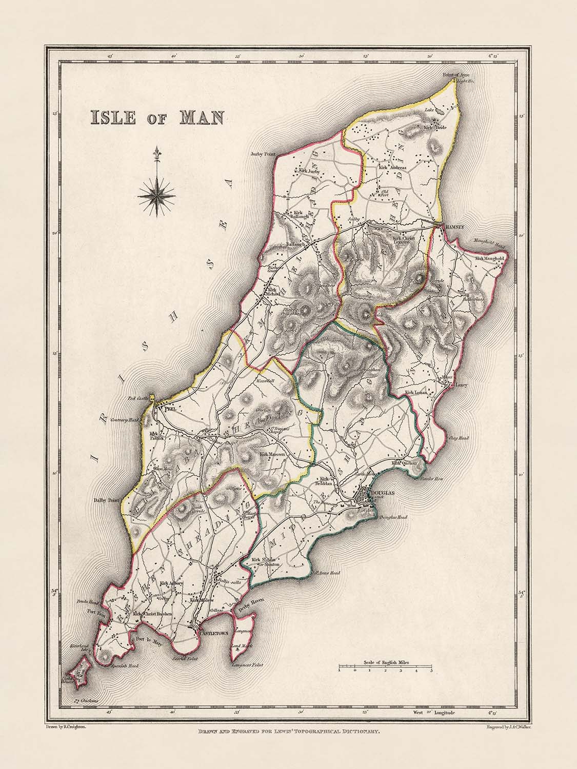 Alte Karte der Isle of Man von Samuel Lewis, 1844: Douglas, Ramsey, Peel, Castletown und Port Erin 