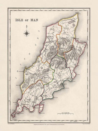 Alte Karte der Isle of Man von Samuel Lewis, 1844: Douglas, Ramsey, Peel, Castletown und Port Erin 