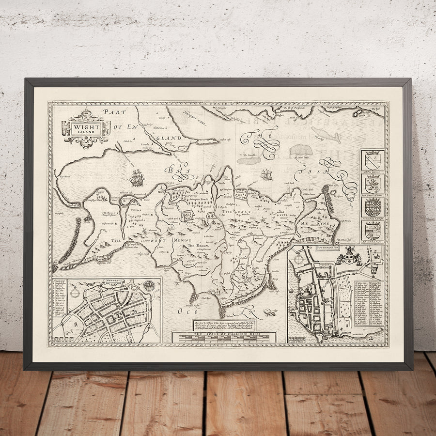 Old monochrome Carte of Isle of Wight, 1611 par John Speed ​​- Newport, Ride, Cowes, Sandown, Shanklin, Southampton