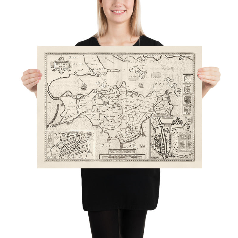 Old Monochrome Map of Isle of Wight, 1611 by John Speed - Newport, Ride, Cowes, Sandown, Shanklin, Southampton