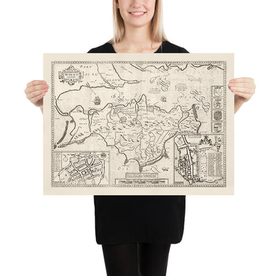 Old Monochrome Map of Isle of Wight, 1611 by John Speed - Newport, Ride, Cowes, Sandown, Shanklin, Southampton