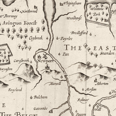 Old Monochrome Map of Isle of Wight, 1611 by John Speed - Newport, Ride, Cowes, Sandown, Shanklin, Southampton