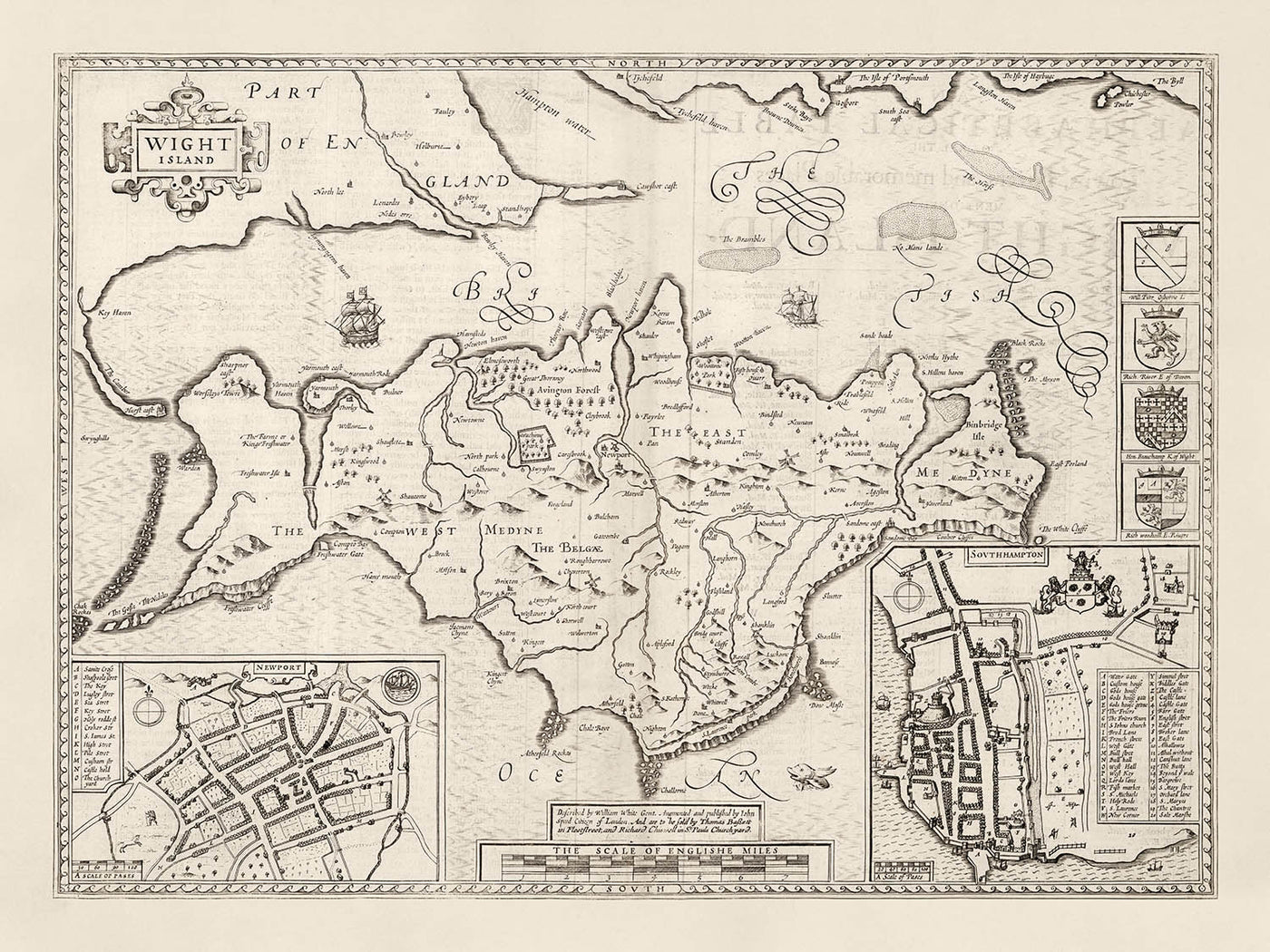 Old Monochrome Map of Isle of Wight, 1611 by John Speed - Newport, Ride, Cowes, Sandown, Shanklin, Southampton