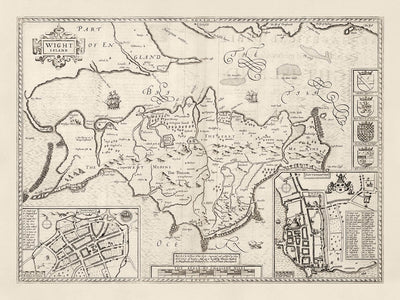 Old Monochrome Map of Isle of Wight, 1611 by John Speed - Newport, Ride, Cowes, Sandown, Shanklin, Southampton