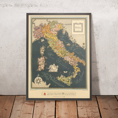 Old Pictorial Map of Italy by De Agostini, 1938: Rome, Milan, Venice, Alps, Regions, Sicily, Sardinia, etc