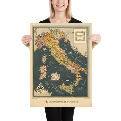 Old Pictorial Map of Italy by De Agostini, 1938: Rome, Milan, Venice, Alps, Regions, Sicily, Sardinia, etc