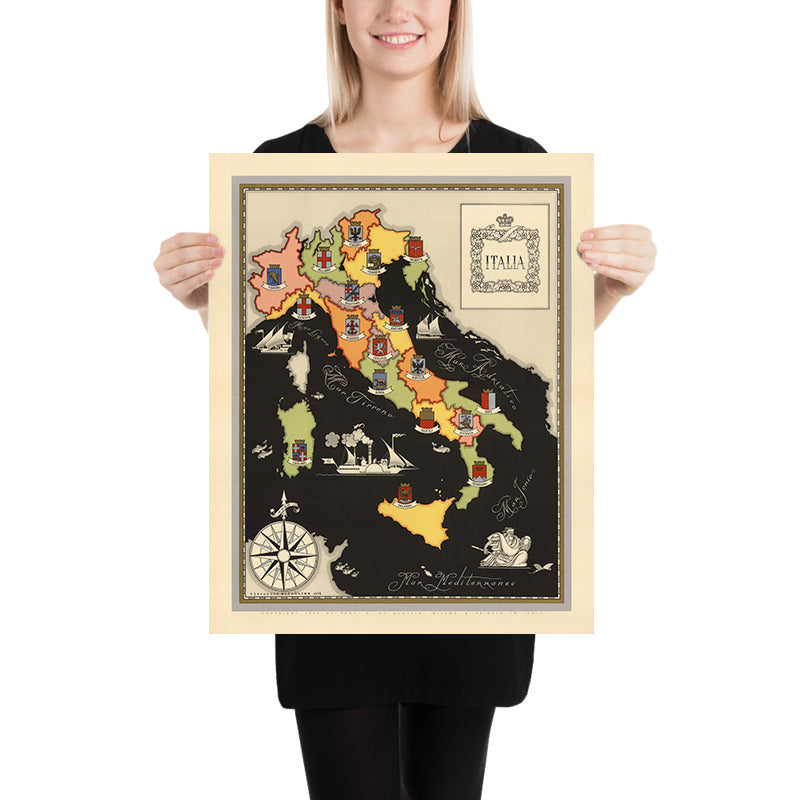 Old Pictorial Map of Italy's Regional Capitals, 1938: City Coat of Arms, Roma, Milano, Firenze, Venezia, Napoli, etc.