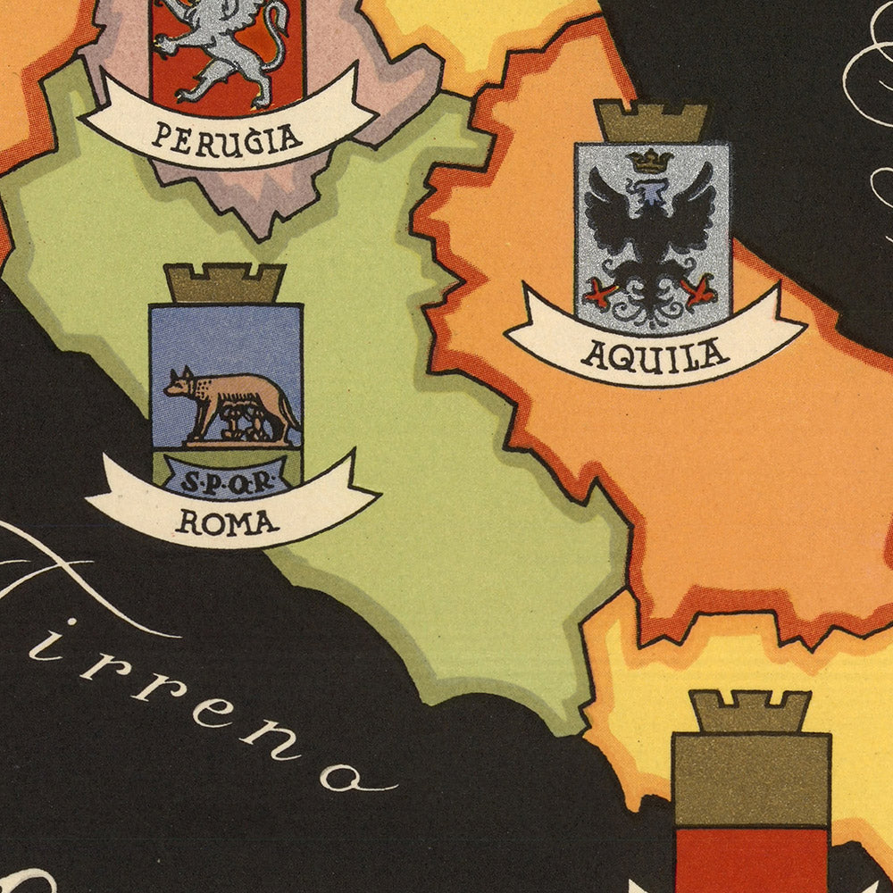 Old Pictorial Map of Italy's Regional Capitals, 1938: City Coat of Arms, Roma, Milano, Firenze, Venezia, Napoli, etc.