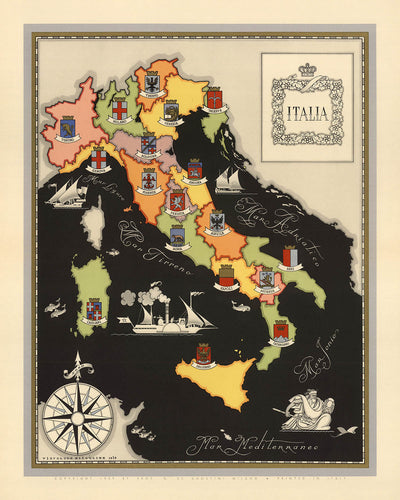 Old Pictorial Map of Italy's Regional Capitals, 1938: City Coat of Arms, Roma, Milano, Firenze, Venezia, Napoli, etc.