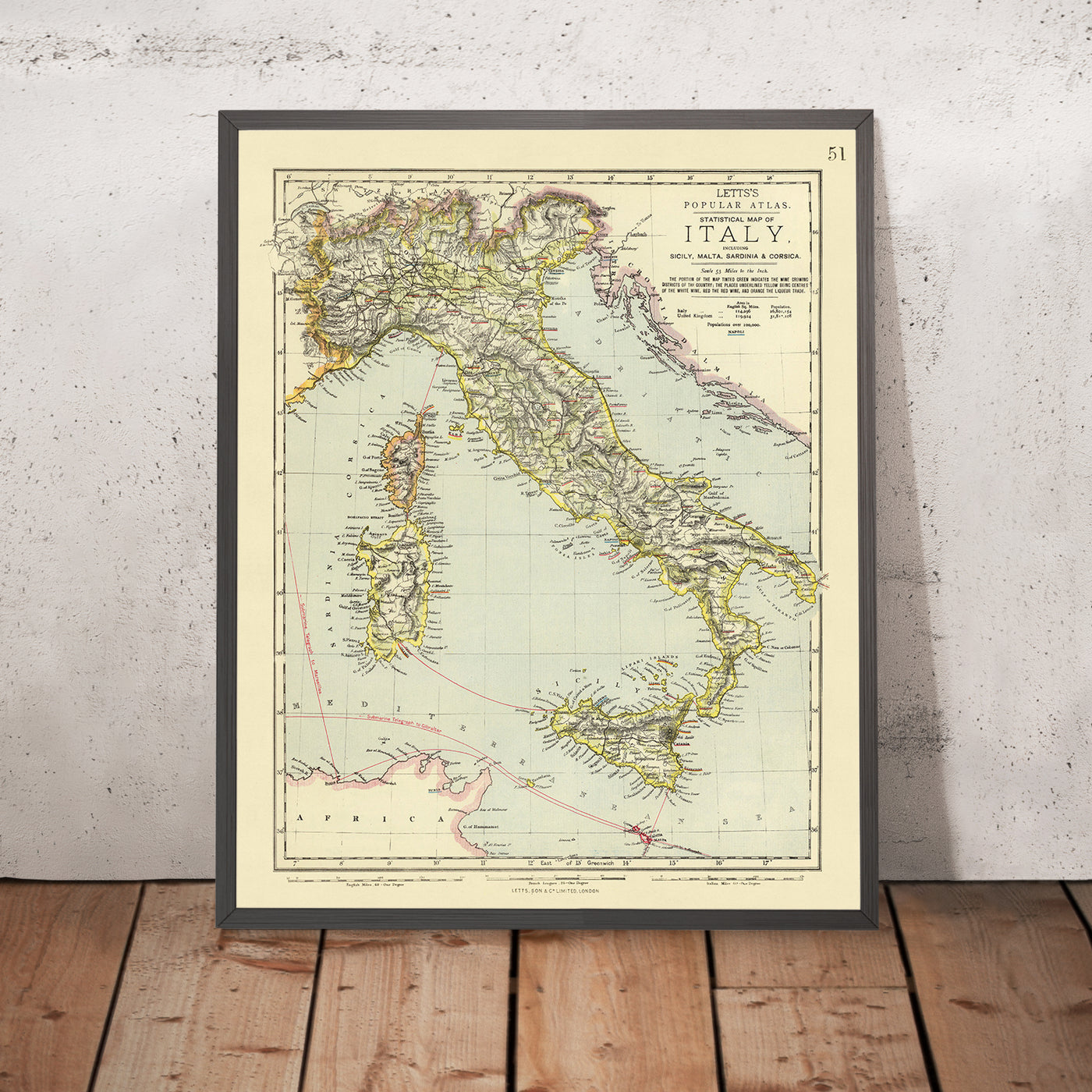 Mapa antiguo del vino de Italia, 1883: Viticultura roja y blanca, Roma, Nápoles, Venecia, Monte Etna, Montañas Apeninas 