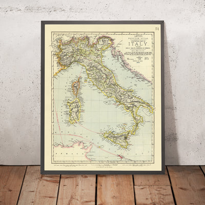 Mapa antiguo del vino de Italia, 1883: Viticultura roja y blanca, Roma, Nápoles, Venecia, Monte Etna, Montañas Apeninas 