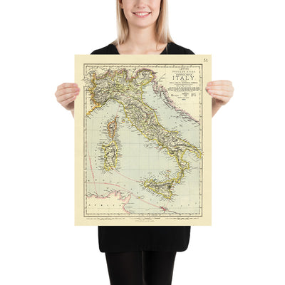 Mapa antiguo del vino de Italia, 1883: Viticultura roja y blanca, Roma, Nápoles, Venecia, Monte Etna, Montañas Apeninas 