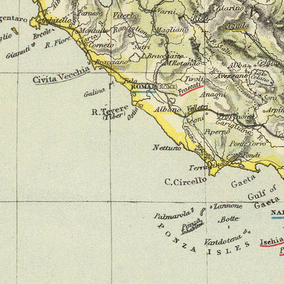 Mapa antiguo del vino de Italia, 1883: Viticultura roja y blanca, Roma, Nápoles, Venecia, Monte Etna, Montañas Apeninas 
