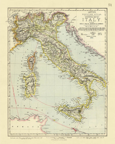 Mapa antiguo del vino de Italia, 1883: Viticultura roja y blanca, Roma, Nápoles, Venecia, Monte Etna, Montañas Apeninas 