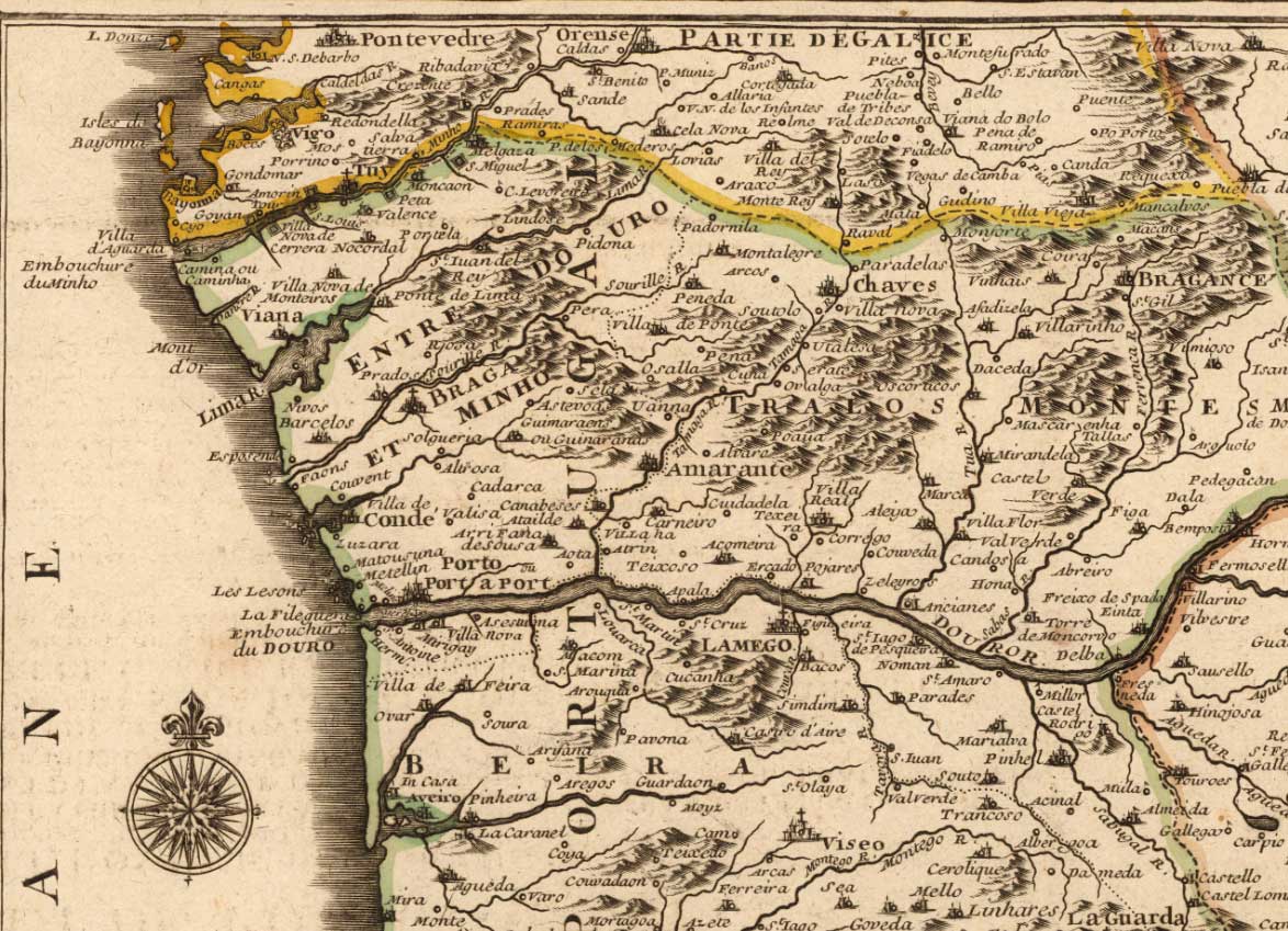 Antiguo mapa del Algarve y Gibraltar en 1742 por Nicolas de Fer - Cádiz, Málaga, Sevilla, Marbella, Lisboa, Portugal, España