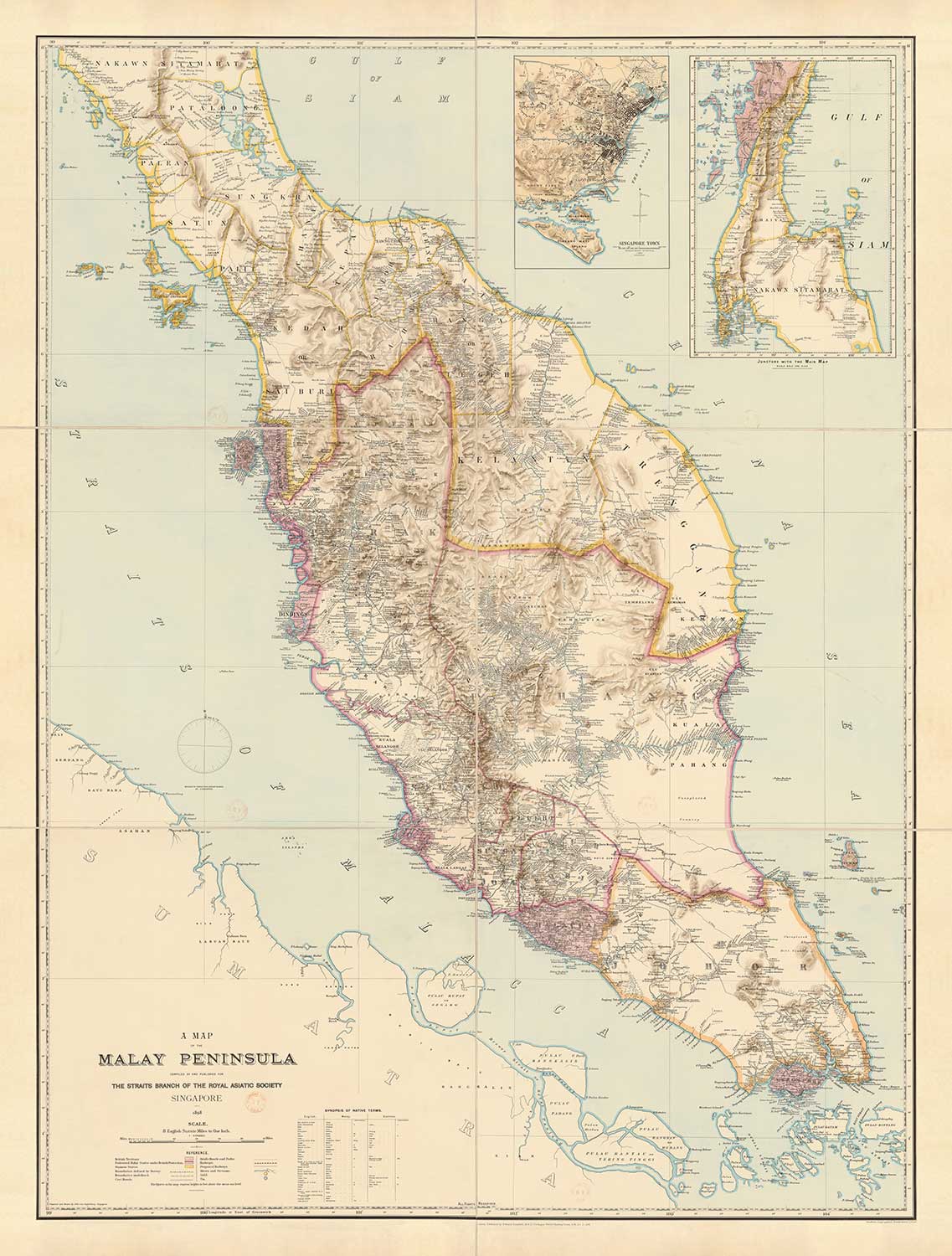 Old Map of the Malay Peninsula in 1898 by Cuylenburg & Stanford - Malaysia, Thailand, Singapore, Johor, Malacca
