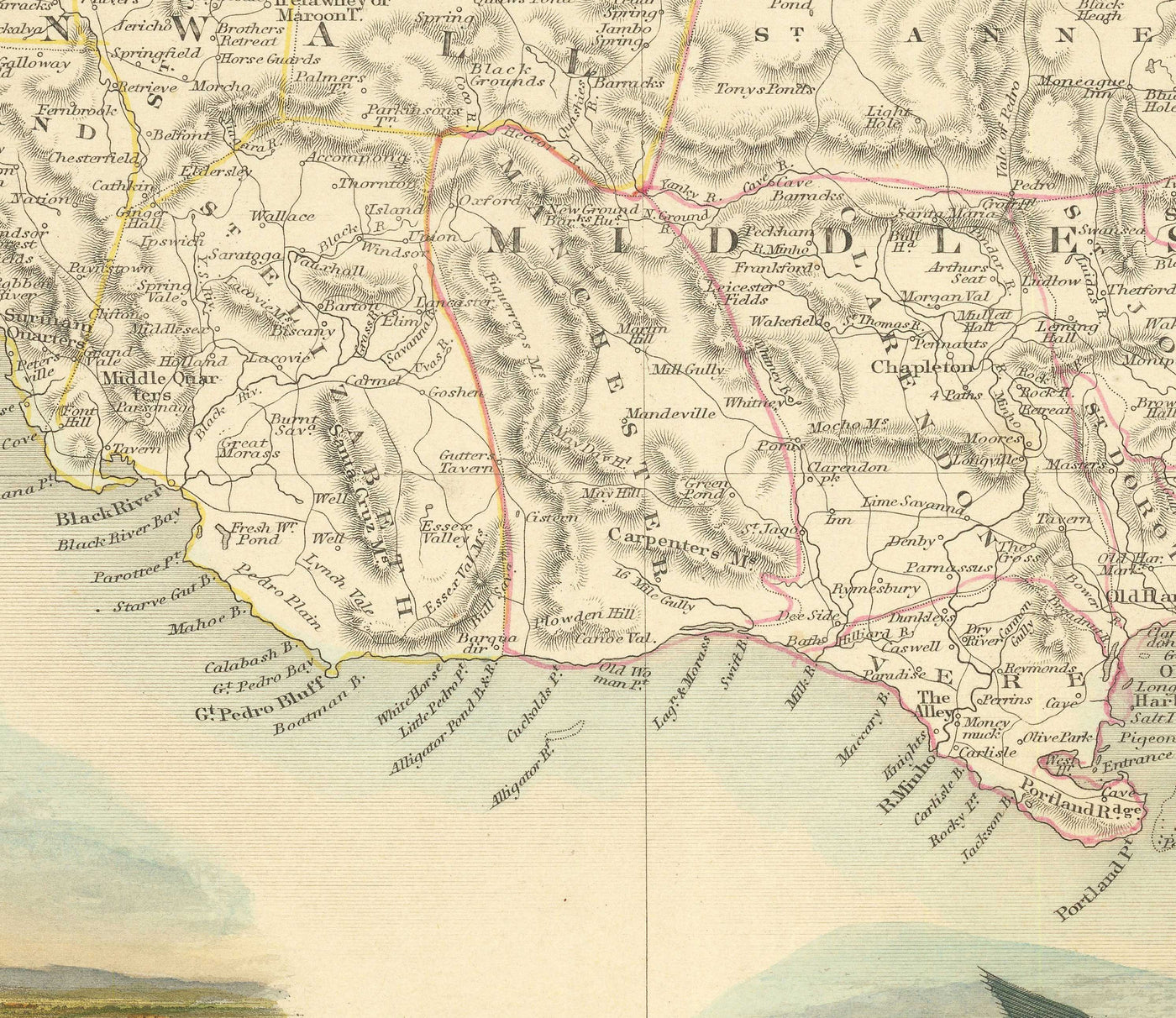 Antiguo mapa de Jamaica por Tallis y Rapkin en 1851 - Kingston, Portmore, Montego Bay, Black River, Savanna la Mar