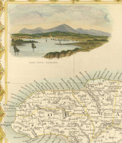 Antiguo mapa de Jamaica por Tallis y Rapkin en 1851 - Kingston, Portmore, Montego Bay, Black River, Savanna la Mar
