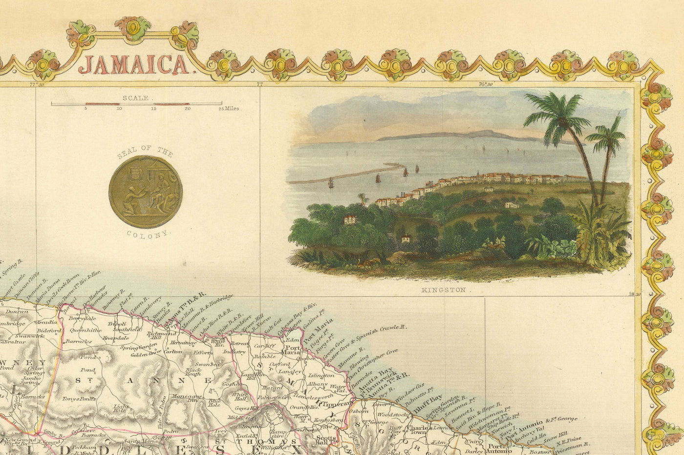 Antiguo mapa de Jamaica por Tallis y Rapkin en 1851 - Kingston, Portmore, Montego Bay, Black River, Savanna la Mar