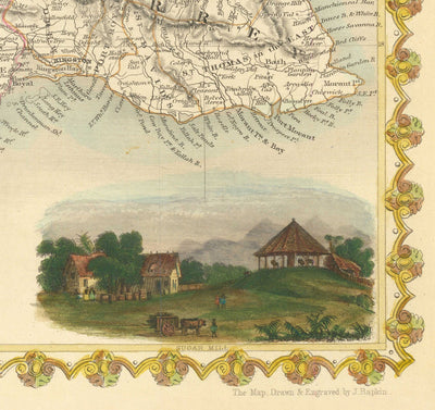 Antiguo mapa de Jamaica por Tallis y Rapkin en 1851 - Kingston, Portmore, Montego Bay, Black River, Savanna la Mar