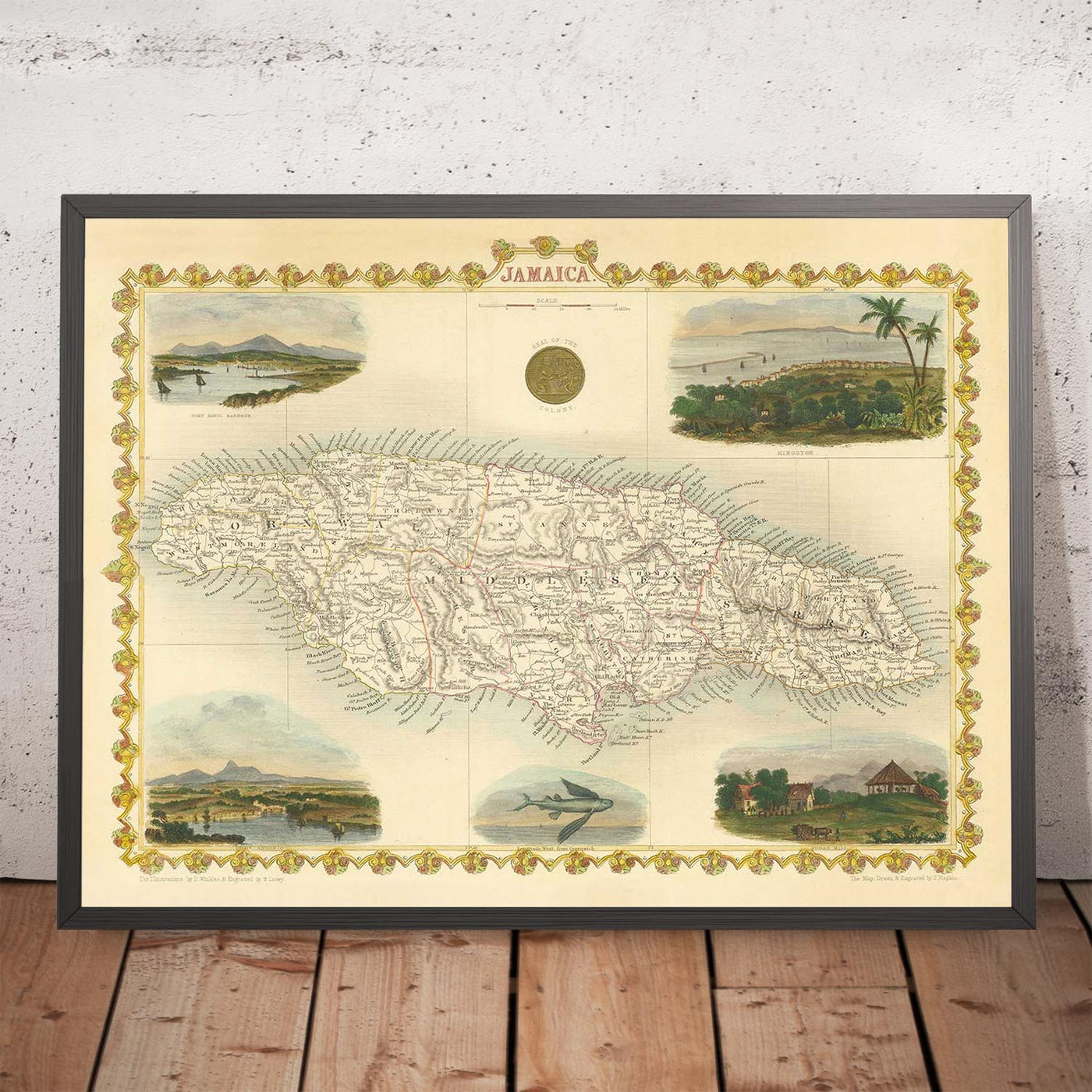 Antiguo mapa de Jamaica por Tallis y Rapkin en 1851 - Kingston, Portmore, Montego Bay, Black River, Savanna la Mar