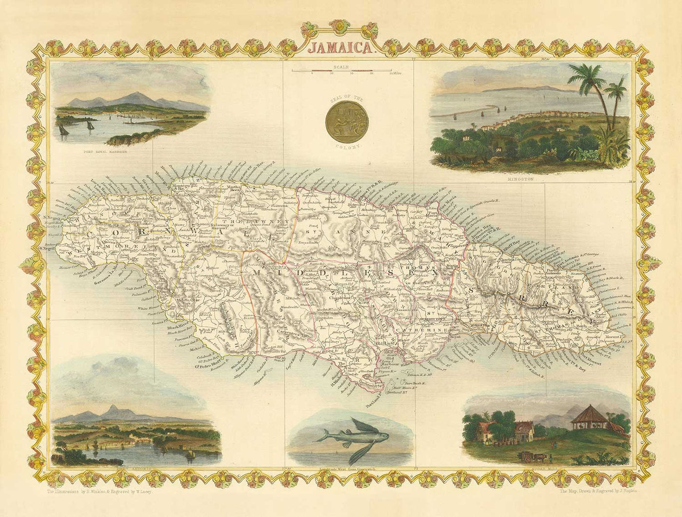 Antiguo mapa de Jamaica por Tallis y Rapkin en 1851 - Kingston, Portmore, Montego Bay, Black River, Savanna la Mar