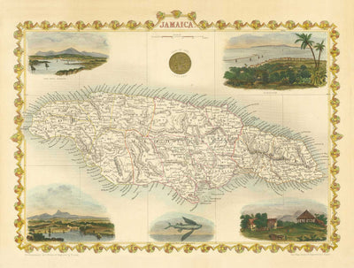 Antiguo mapa de Jamaica por Tallis y Rapkin en 1851 - Kingston, Portmore, Montego Bay, Black River, Savanna la Mar
