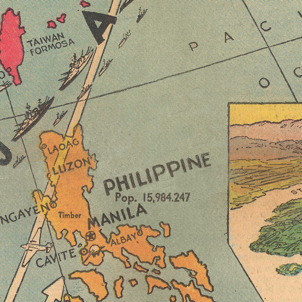 Ancienne carte picturale du Japon contre les colonies néerlandaises des Indes orientales pendant la Seconde Guerre mondiale, 1940 